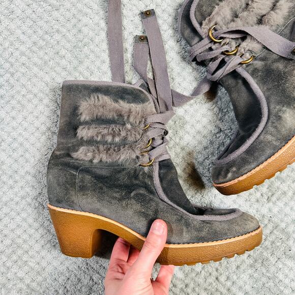 MARC JACOBS Gray Faux Fur Sherpa Clog Ankle Boot Furry Winter Laceup Snow Heel - Picture 2 of 5